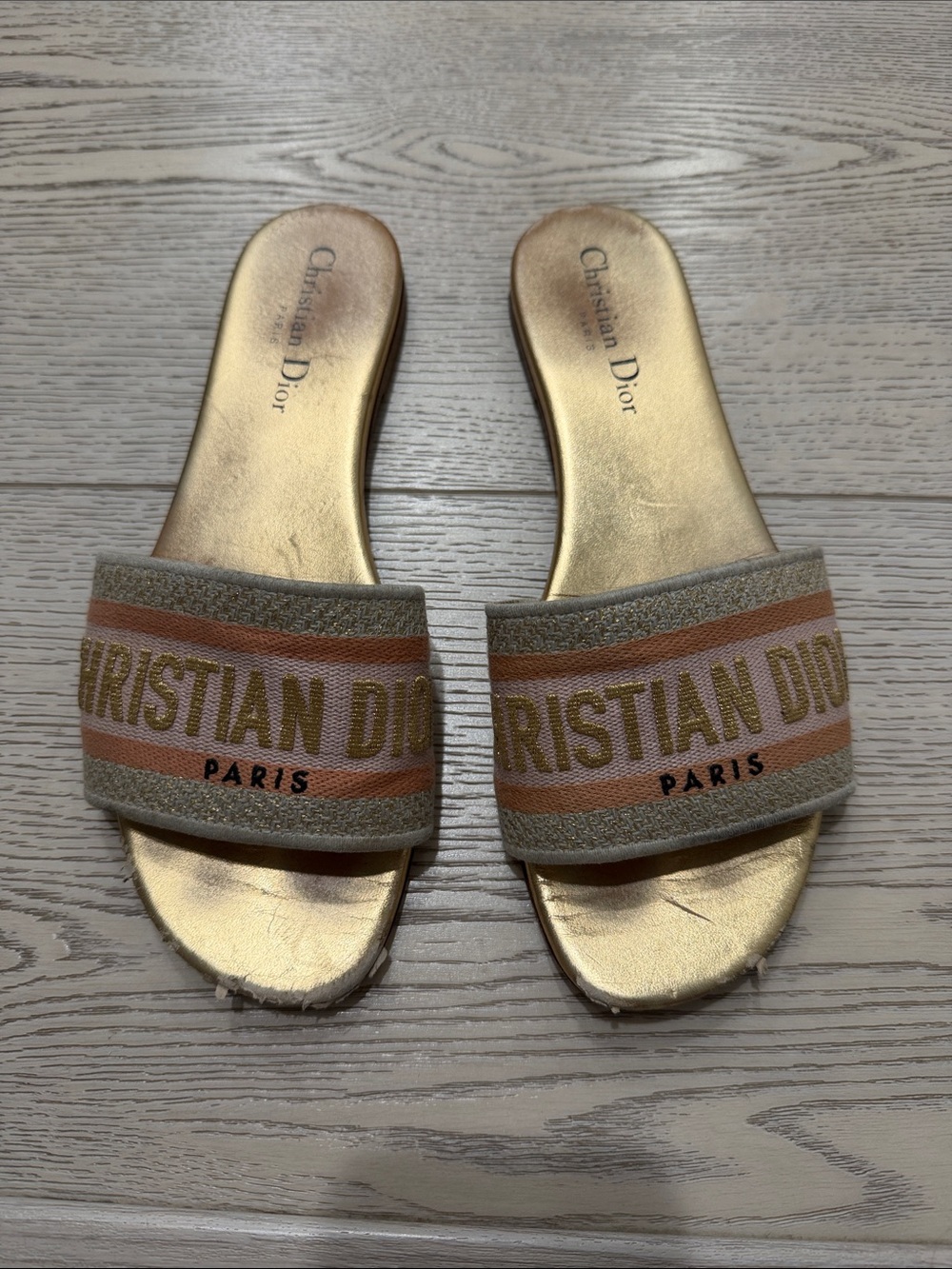 Dior Gold and Pink Embroidered Logo Slide Sandals